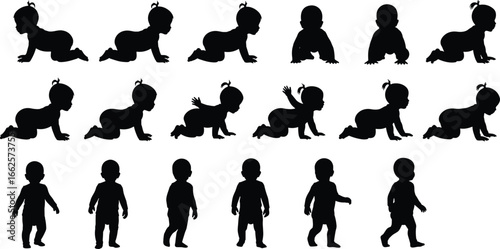 Silhouettes of crawling and walking baby in various poses showing early development stages, movement, growth, childhood, and infant milestones.