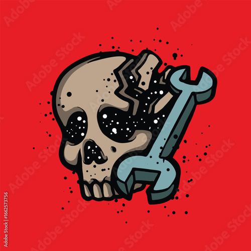  Skull smashed by wrench cartoon vector illustration