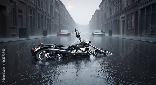 Motorcycle stranded in flooded city street during heavy rainfall, cars submerged in distant background