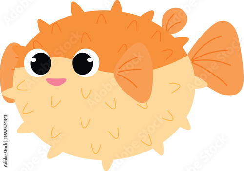 friendly pufferfish cartoon , cute underwater jellyfish character, sea life animal, isolated child aquamarine life illustration