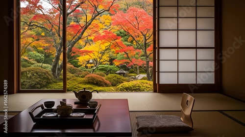Peaceful Japanese Tea Room Overlooking Vibrant Autumn Maple Garden