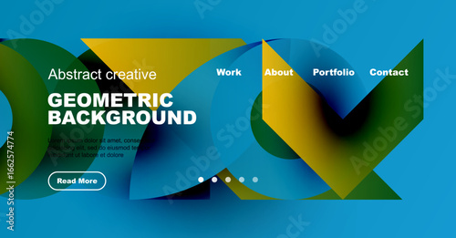 Abstract geometric background design. Blue, green, yellow hues dominate. Website header with navigation options present. Text overlay visible.