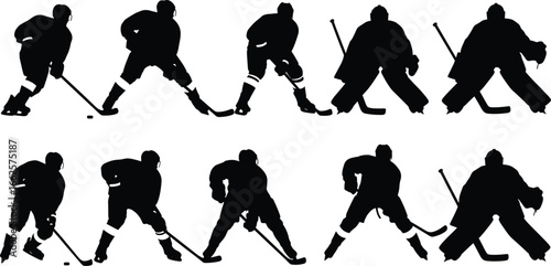 Silhouettes of ice hockey players in various action poses, skating, shooting, passing, goalkeeping, sports vector, black graphic illustration.
