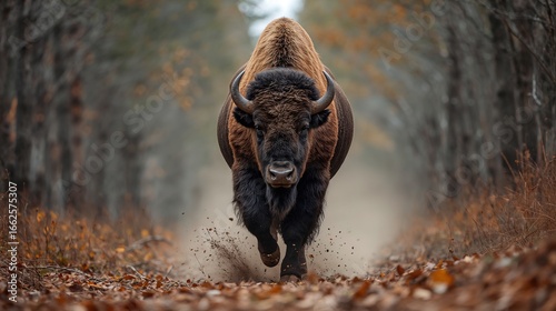 Powerful bison charging forward on a forest path, stunning wildlife portrait, dynamic action shot
