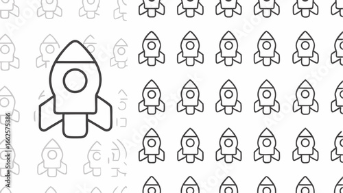 Monochrome background featuring a repeating pattern of rocket ship icons in varying degrees of opacity