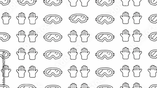 Seamless pattern featuring ski goggles and gloves arranged in a repeating design against a white background
