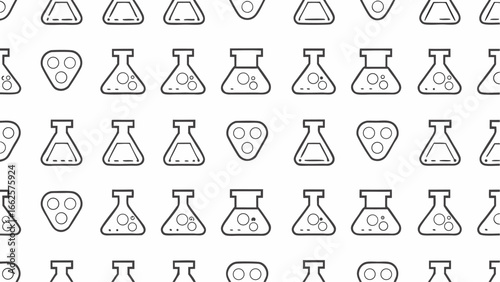 Seamless pattern of laboratory glassware and flasks with different contents on a white background surface