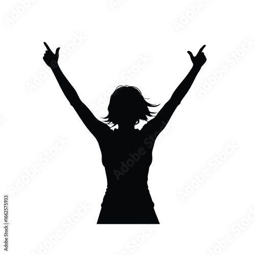 Silhouette of an energetic woman with arms raised in victory celebration, pointing, a woman cheering silhouette vector illustration