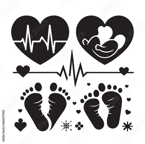 Newborn and Pregnancy Vector Set – Heartbeat, Footprints & Family Love
