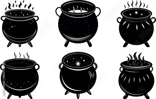 Collection of Witch Cauldrons with Potion and Steam in Black and White