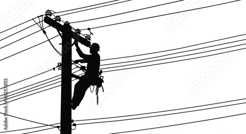 Silhouette of lineman climbing utility pole for electrical maintenance, high voltage power lines, energy infrastructure, cable repair, field safety, electric service, outdoor job scene.