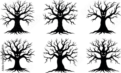 Spooky Silhouette Trees with Faces for Halloween or Horror Themed Designs