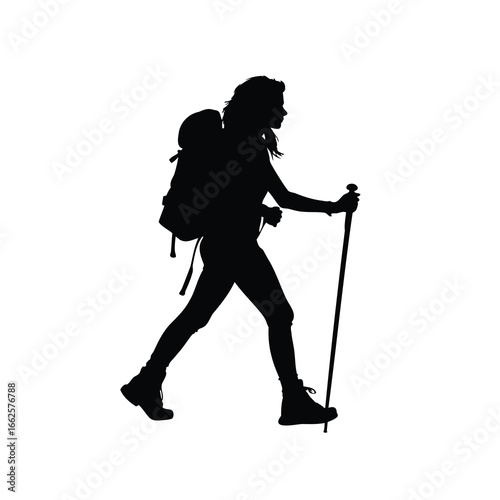 Silhouette of a female hiker with backpack and walking stick on white, a woman hiking silhouette vector illustration