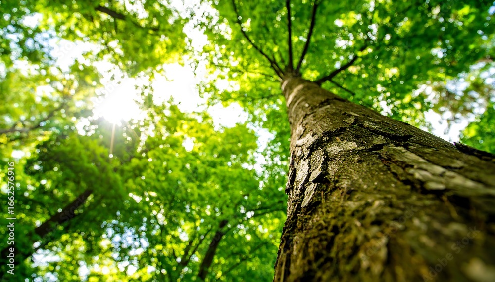 Naklejka premium Lush forest canopy, looking up at a large tree trunk