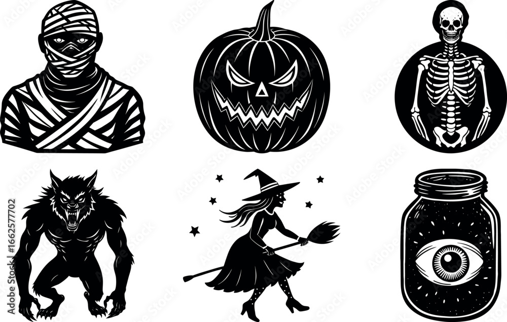 Naklejka premium Halloween Vector Illustration Set Featuring Mummy Pumpkin Skeleton Werewolf Witch and Eyeball