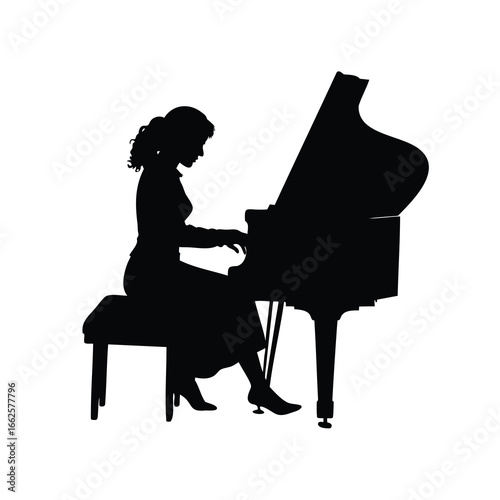 Silhouette of a woman playing a grand piano with elegance and grace, a woman playing piano silhouette vector illustration