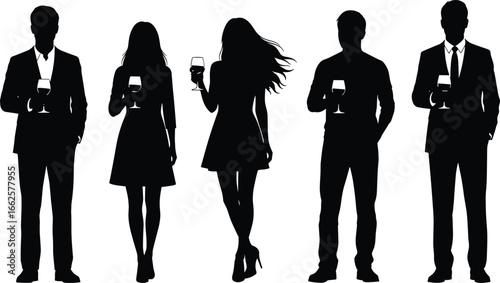 Silhouettes of people holding wine glasses, formal outfits, party scene, elegant celebration, stylish group, evening social gathering, drinking wine