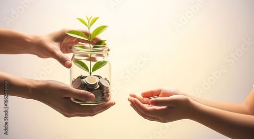 Nurturing the future through charity and investment, with hands giving a jar of coins and a growing seedling to a child