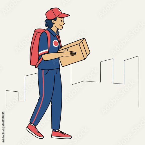 Delivery Person Carrying Package on City Street