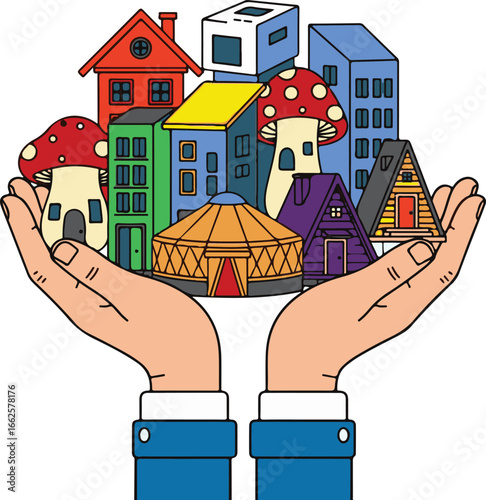 Hands holding a collection of unique houses and homes, symbolizing community and shelter