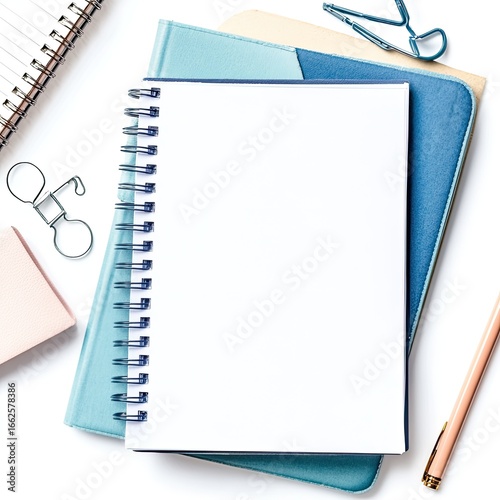 Open spiral-bound notebook, mint and teal colored books, and office supplies on a white surface