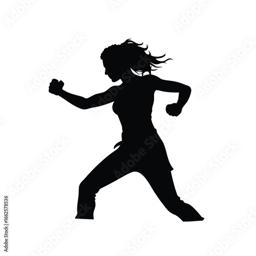 Silhouette of a young woman demonstrating self defense movements against invisible danger, a woman punching silhouette vector illustration