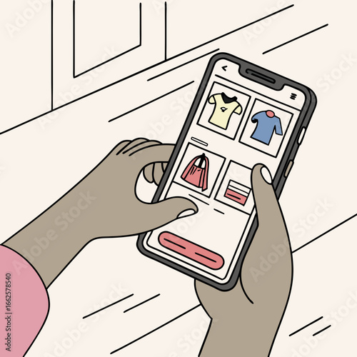 Hands Holding Smartphone Showing Online Shopping App with Clothing and Accessories