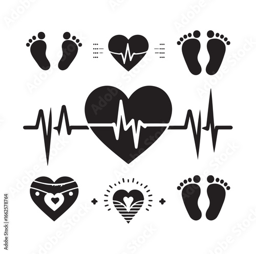 Newborn and Pregnancy Vector Set – Heartbeat, Footprints & Family Love