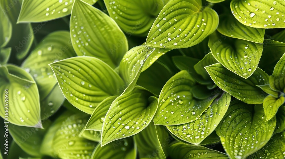 Obraz premium Fresh green hosta leaves glistening with water droplets background