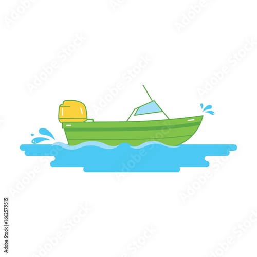 A cartoon illustration of a green motorboat with a yellow outboard motor splashing through blue water, isolated on a