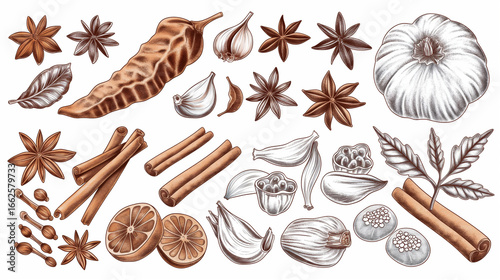 Fototapeta Naklejka Na Ścianę i Meble -  Vintage hand-drawn spice and herb illustration showing cinnamon sticks, star anise, garlic, nutmeg, and dried citrus in detailed botanical sketch style, ideal for culinary, kitchen, and organic food d