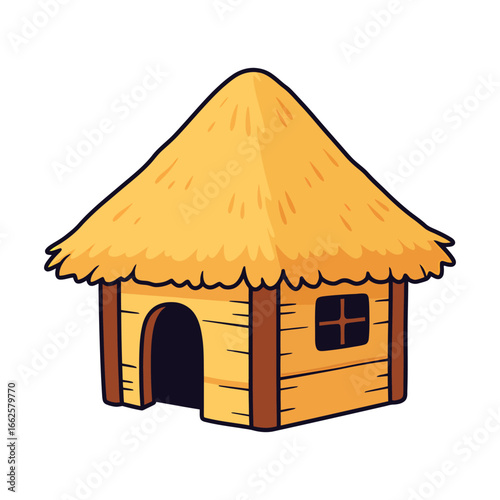 A charming illustration of a small, rustic hut with a thatched roof and wooden walls, featuring an arched doorway and a small window, isolated on a