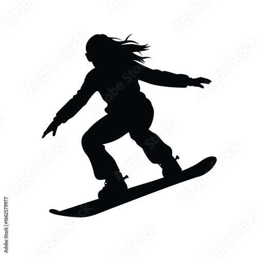 Silhouette of a female snowboarder carving on a white background, action shot, a woman snowboarding silhouette vector illustration