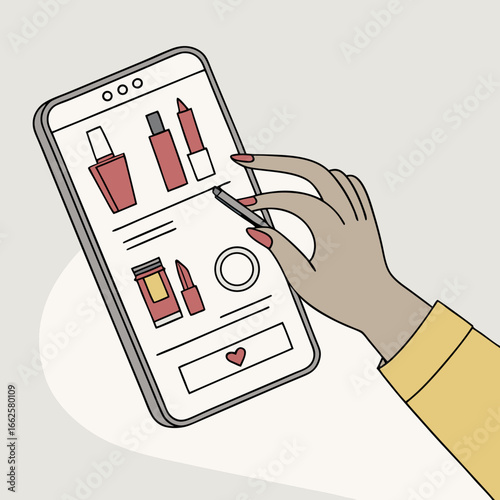 Woman's Hand Using Stylus to Shop Makeup Online on Smartphone