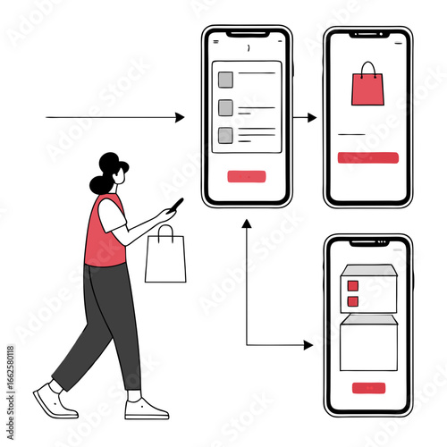 Woman Walking and Using Smartphone for Online Shopping App
