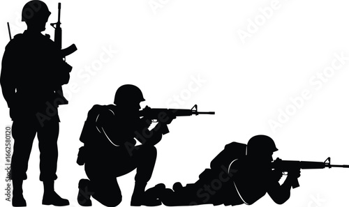 Soldier silhouette vector, military men with rifles, standing, kneeling and prone position, army combat posture illustration, battlefield action art