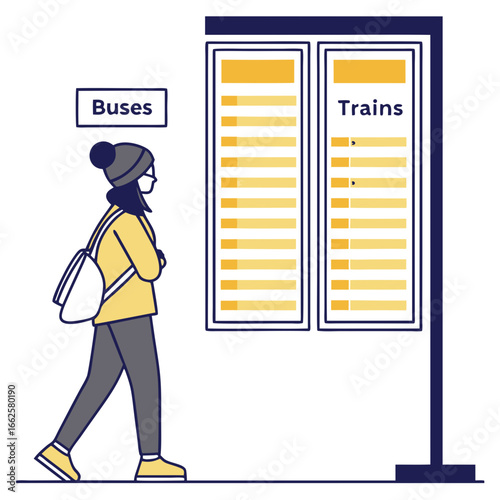 Young Woman Walking Past a Bus and Train Schedule at a Transit Station
