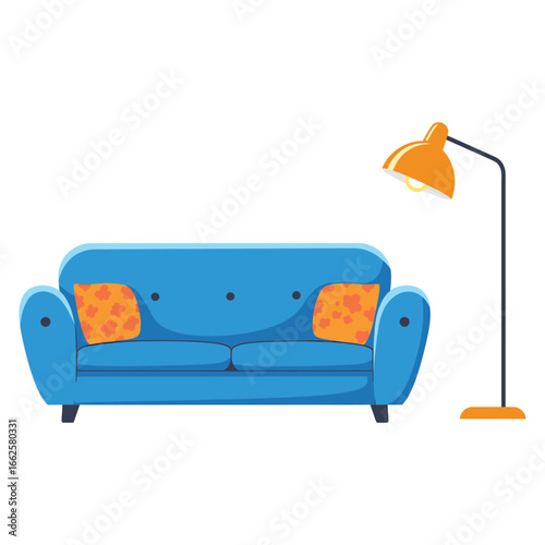 Blue sofa with orange cushions and a modern floor lamp, , representing comfortable living room furniture and interior design
