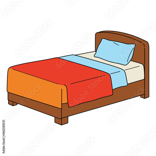 A simple illustration of a bed with a blue pillow and orange and red bedding, isolated on a