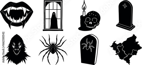 Halloween Vector Silhouettes Vampire Ghost Skull Spider Werewolf and Tombstones