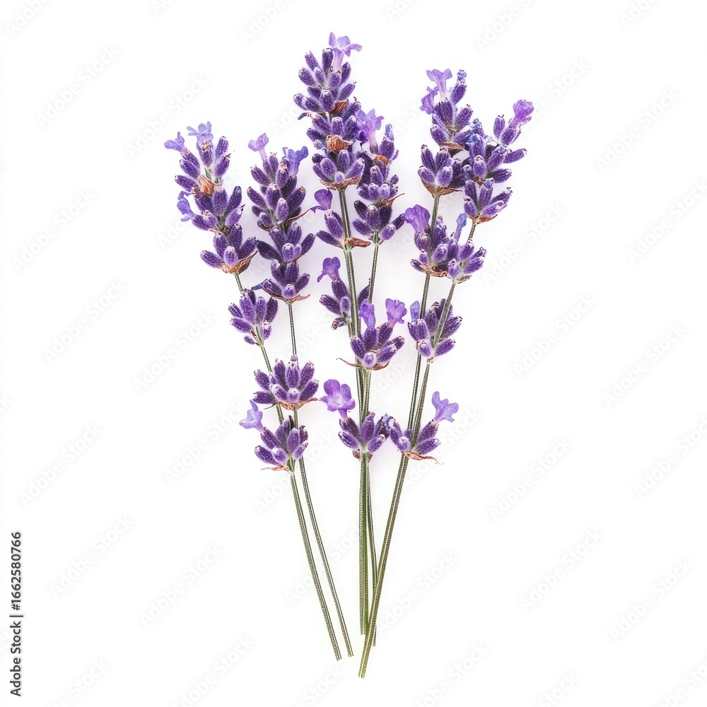 Naklejka premium A close-up of a bunch of lavender flowers against a plain white background. The delicate purple blossoms cluster on light green stems