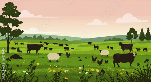 A vibrant illustration of a peaceful countryside scene, featuring grazing livestock and a serene landscape.