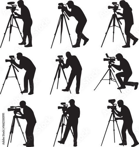 Photographer Cameraman silhouette vector art illustration, Shapes Collection Isolated on White Background