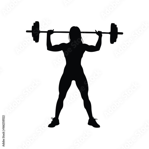 Silhouette of a female weightlifter powerfully executing an overhead press movement, a woman eightlifting silhouette vector illustration