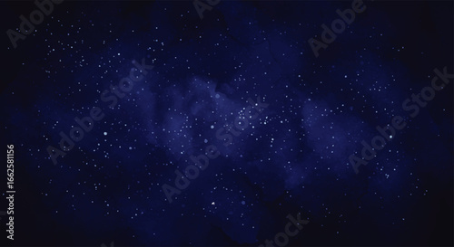An abstract depiction of a deep blue space filled with stars and nebulous clouds.