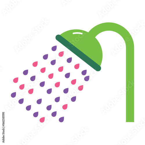 Green shower head with colorful water drops falling