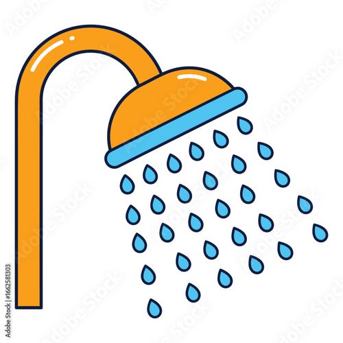 Orange shower head with blue water drops falling