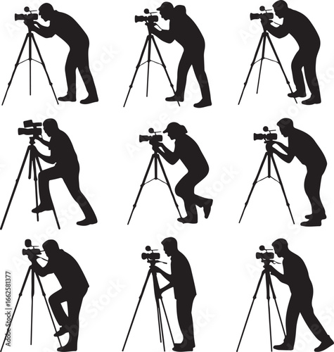 Photographer Cameraman silhouette vector art illustration, Shapes Collection Isolated on White Background