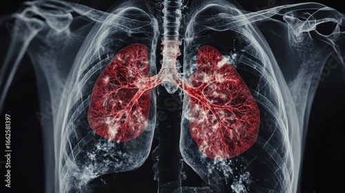 Human chest X-ray displayed in hospital environment, medical diagnostics, healthcare technology, AI in radiology imaging
