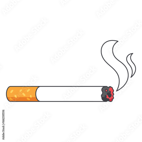 A lit cigarette with smoke rising, symbolizing tobacco addiction and the health risks associated with smoking, isolated on a